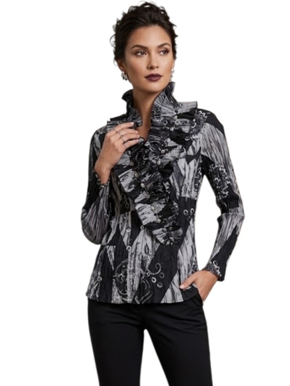 Alberto Makali‎ Embroidered Ruffle Black and Gray Blouse Size Small